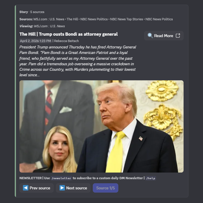 Story-grouped news feed in a Discord channel