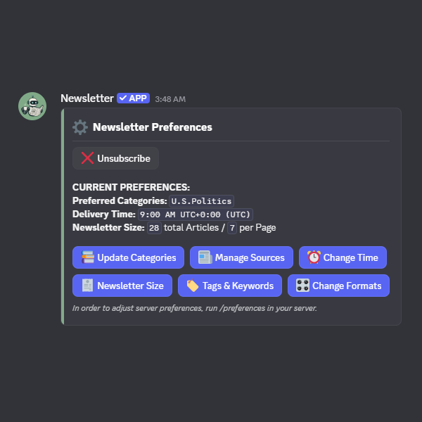 Newsletter panel showing feed and channel setup options